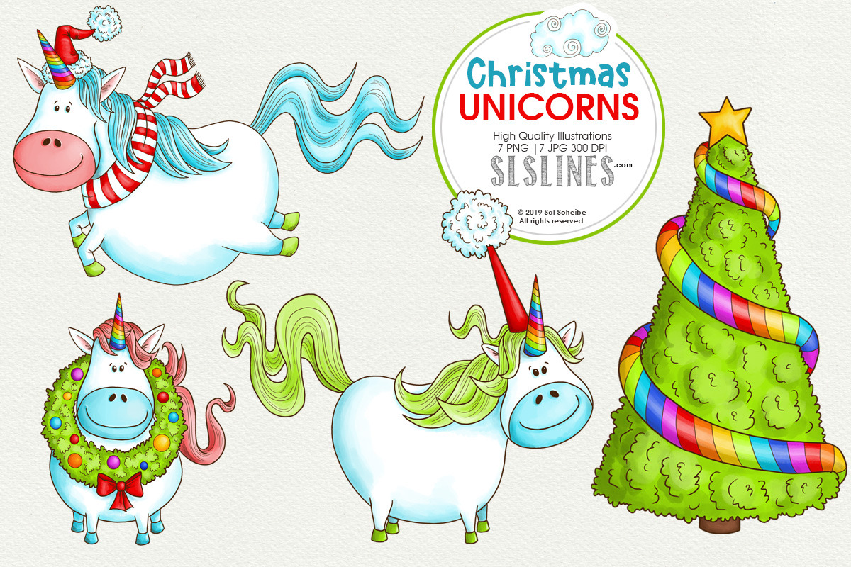Christmas Unicorns with Cloud & Tree in Illustrations - product preview 8