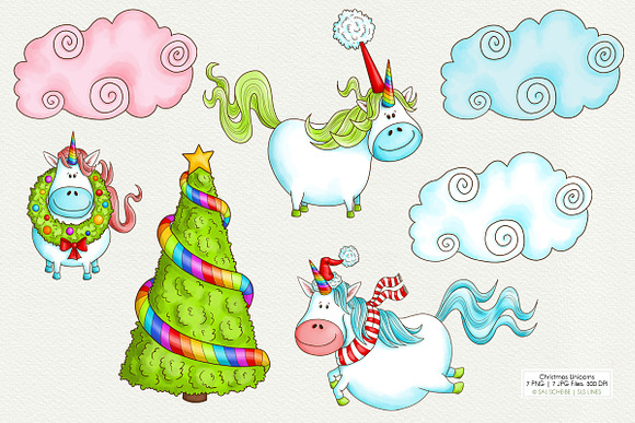 Christmas Unicorns with Cloud & Tree in Illustrations - product preview 1