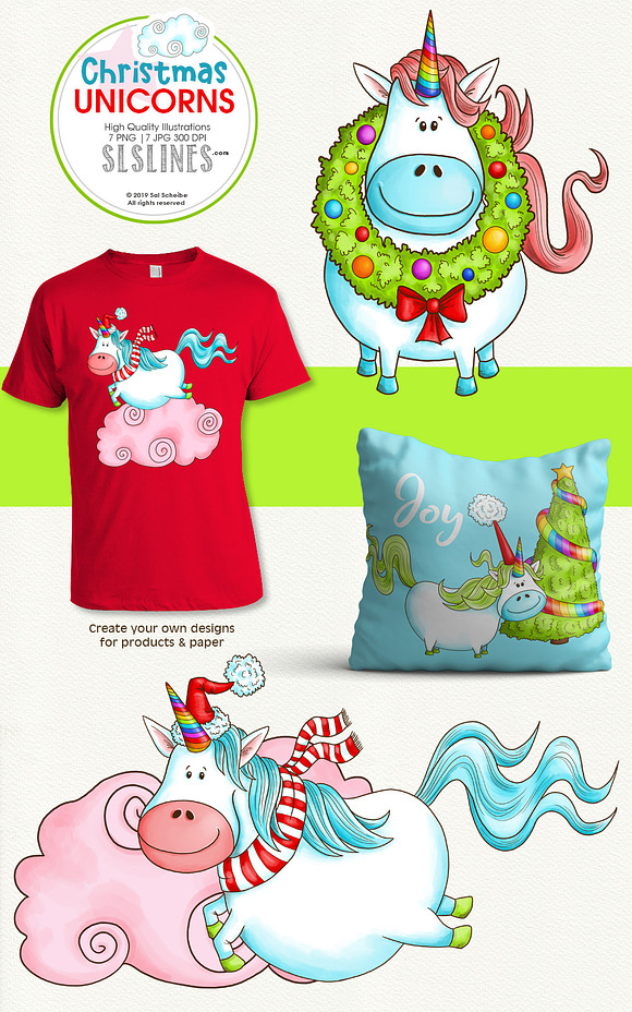 Christmas Unicorns with Cloud & Tree in Illustrations - product preview 3