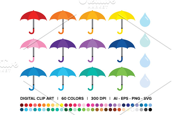 Umbrellas and Raindrops Clip Art Set in Objects - product preview 2