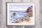 Watercolor calm sea landscape