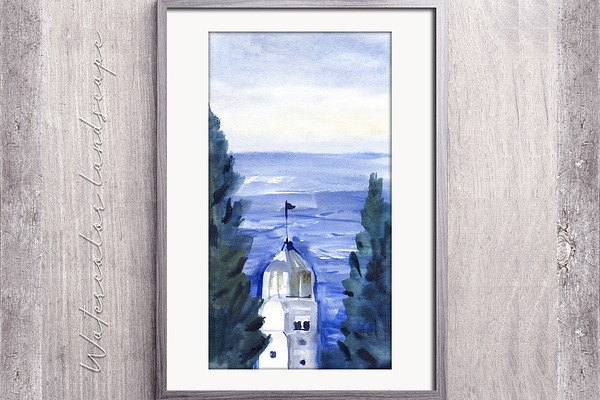 Watercolor tower on the sea