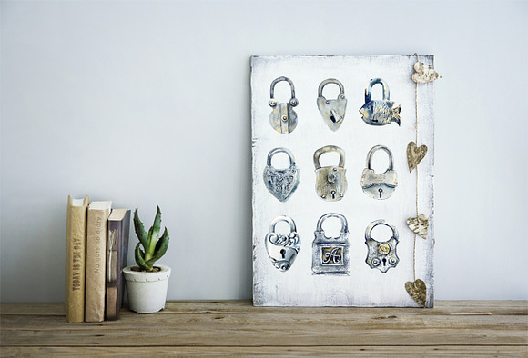 Watercolor vintage locks in Objects - product preview 4