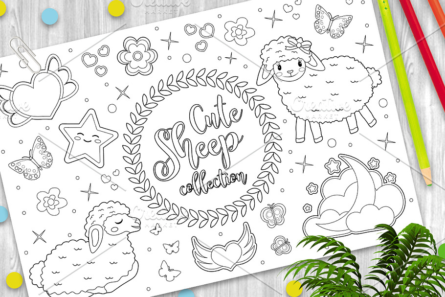 Cute little sheep set Coloring book in Illustrations - product preview 8
