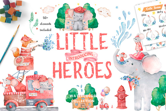 Little Heroes Cute watercolor animal in Illustrations - product preview 8