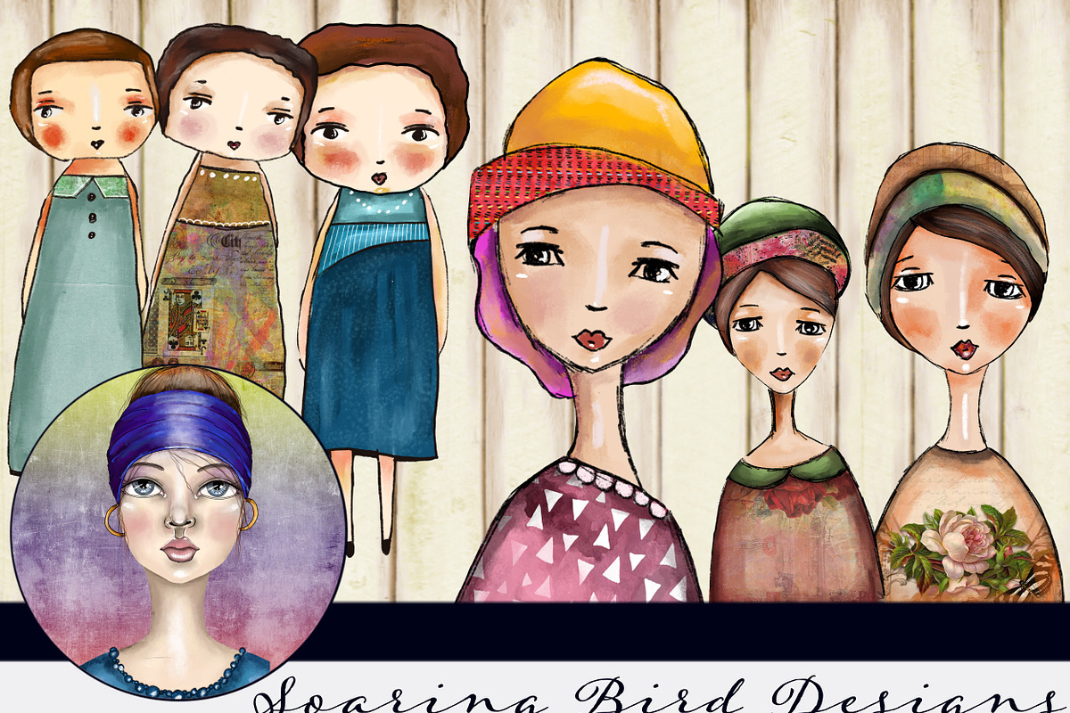 6 Digital Mixed Media Dolls in Illustrations - product preview 8