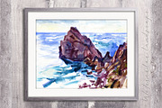 Watercolor sea and rocks