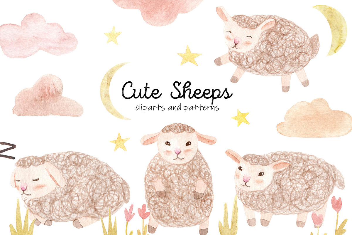 Cute Watercolor Sheeps. Patterns in Objects - product preview 8