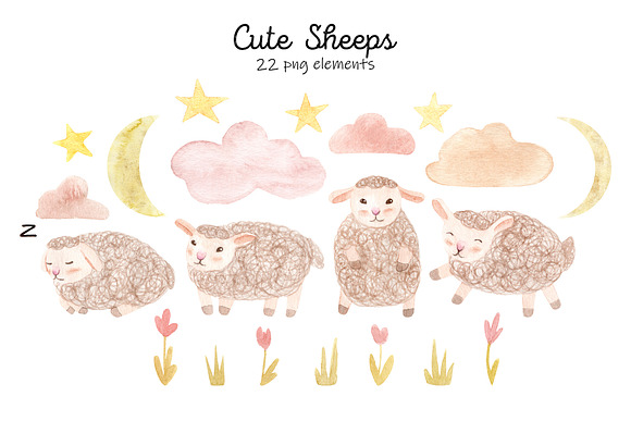 Cute Watercolor Sheeps. Patterns in Objects - product preview 1