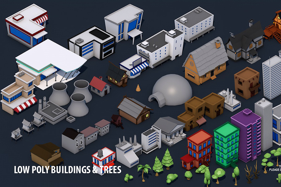 Low Poly Game City Buildings Trees in Architecture - product preview 8