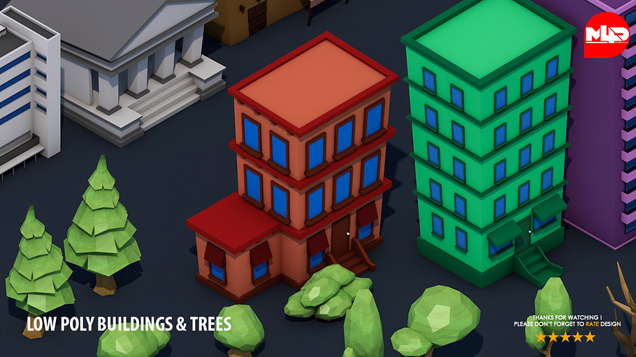 Low Poly Game City Buildings Trees in Architecture - product preview 1