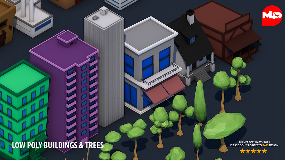 Low Poly Game City Buildings Trees in Architecture - product preview 4