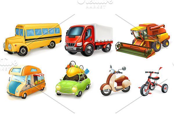 Transport. School bus, scooter, car