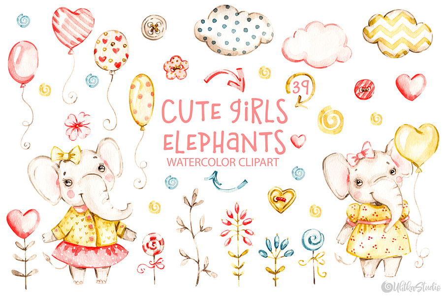 Nursery elephants Watercolor clipart in Illustrations - product preview 8