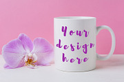 White coffee mug mockup with purple