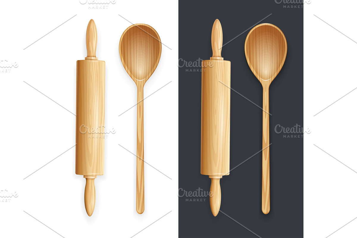 Wooden rolling pin and spoon. Vector in Illustrations - product preview 8