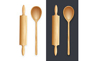 Wooden rolling pin and spoon. Vector