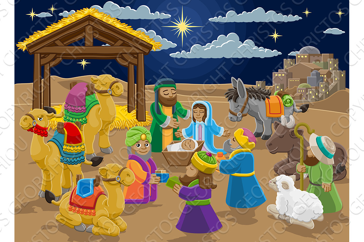 Nativity Christmas Scene Cartoon | Custom-Designed Illustrations
