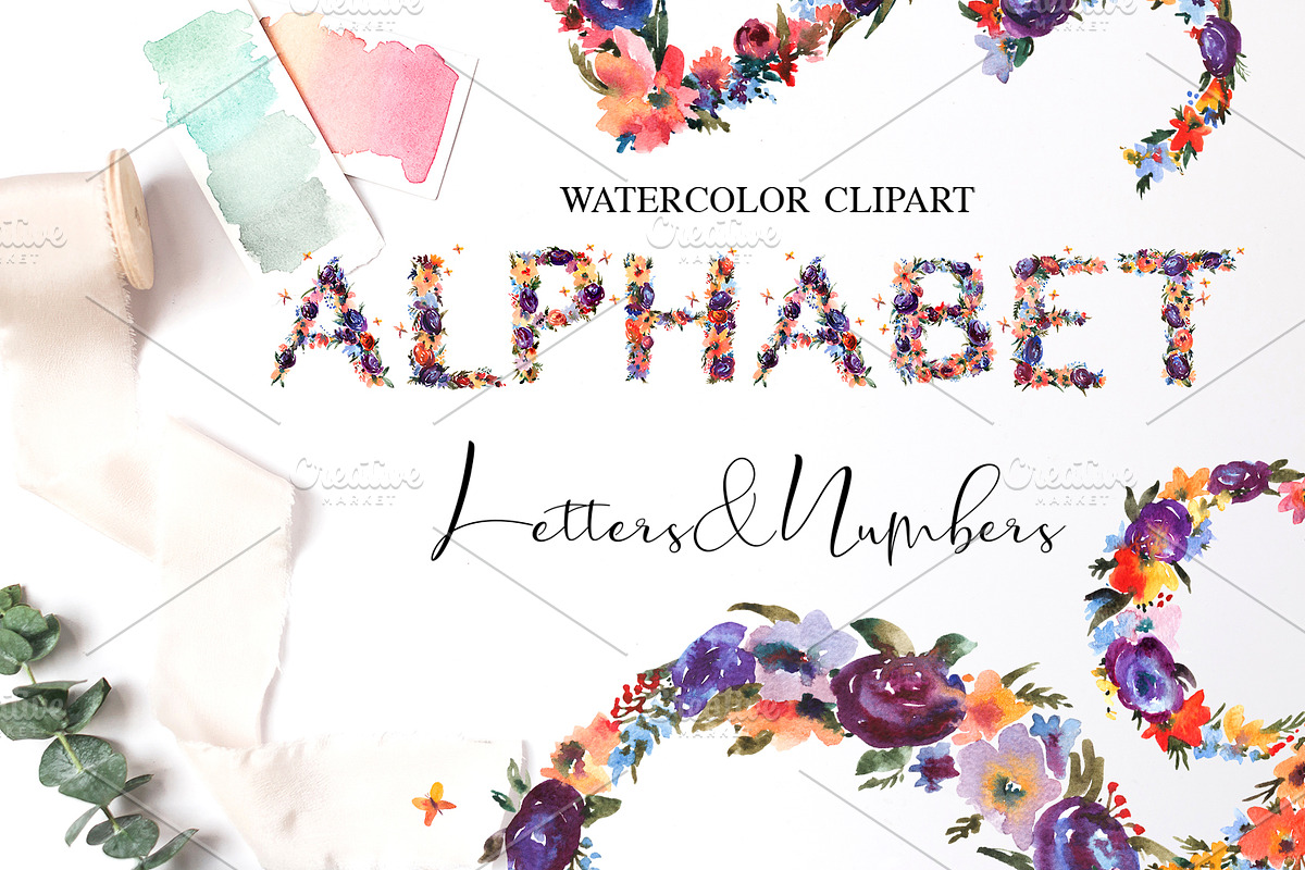 Watercolor Summer Floral Alphabet in Objects - product preview 8