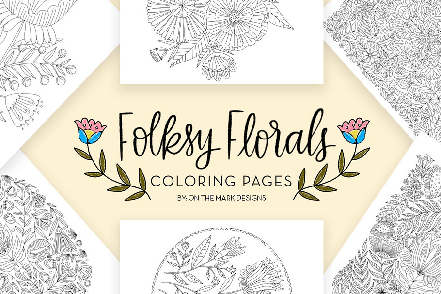 6 Folksy Florals Coloring Pages in Illustrations - product preview 8