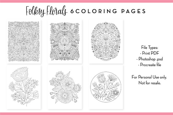 6 Folksy Florals Coloring Pages in Illustrations - product preview 1