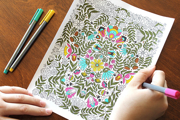 6 Folksy Florals Coloring Pages in Illustrations - product preview 3