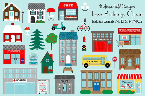Town Buildings Clipart in Illustrations - product preview 2