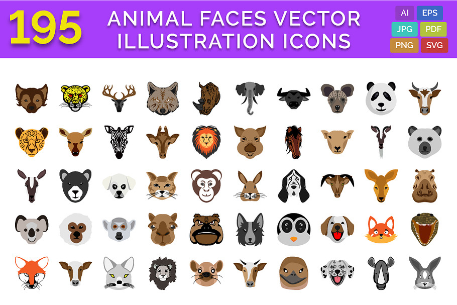 195 Animal Faces Illustration Icons