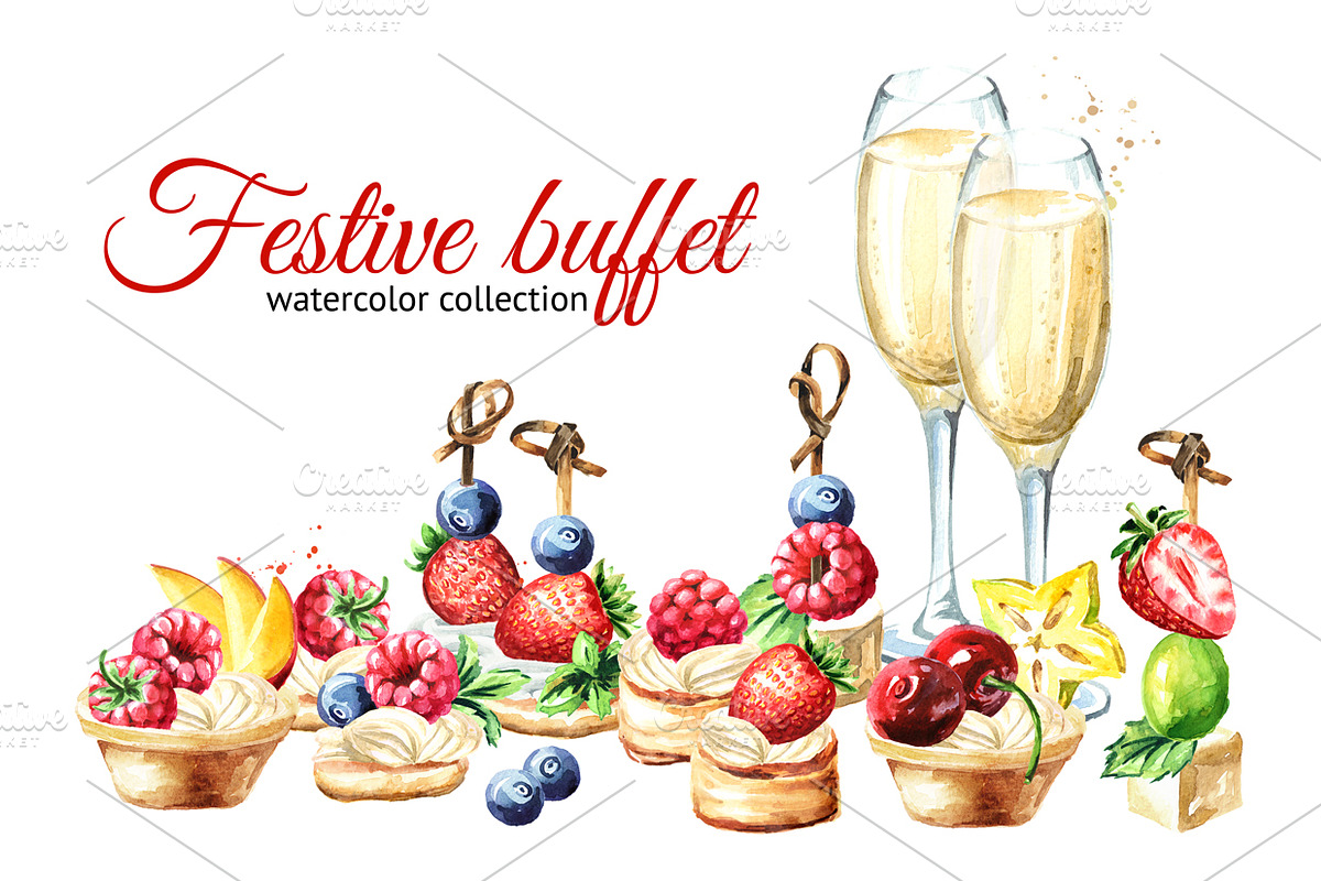 Festive buffet. Watercolor set in Illustrations - product preview 8