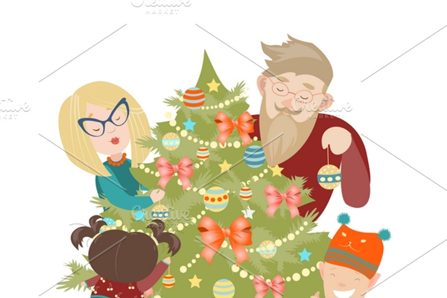 Family decorating a Christmas tree in Illustrations - product preview 8