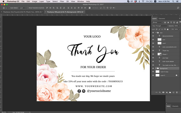 Editable flower thank you card-06 in Postcard Templates - product preview 2