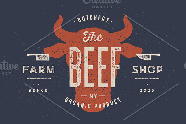 Beef, cow, bull. Vintage typography