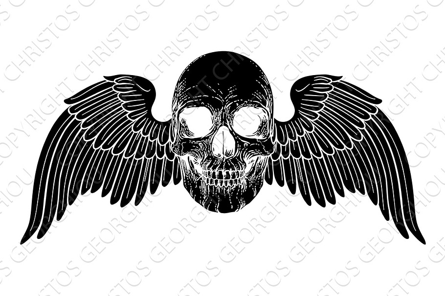 Winged Skull Vintage Woodcut in Illustrations - product preview 8