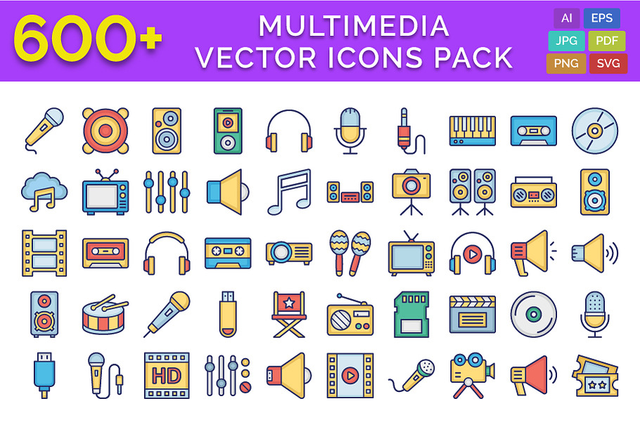600+ Multimedia Vector Icons Pack