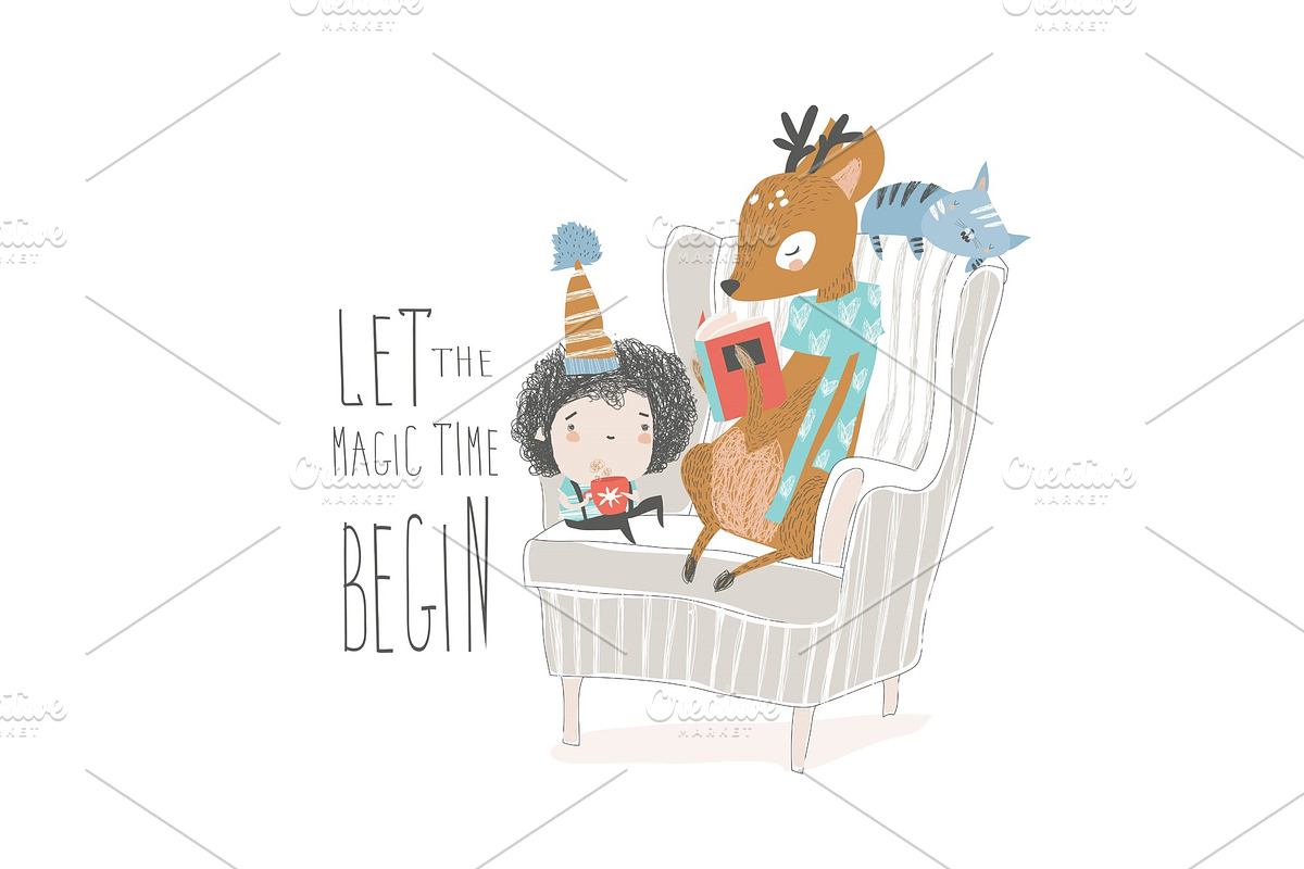 Cute deer reading book to a little in Illustrations - product preview 8