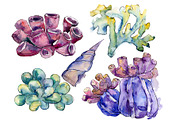 Sea flowers, corals magic watercolor