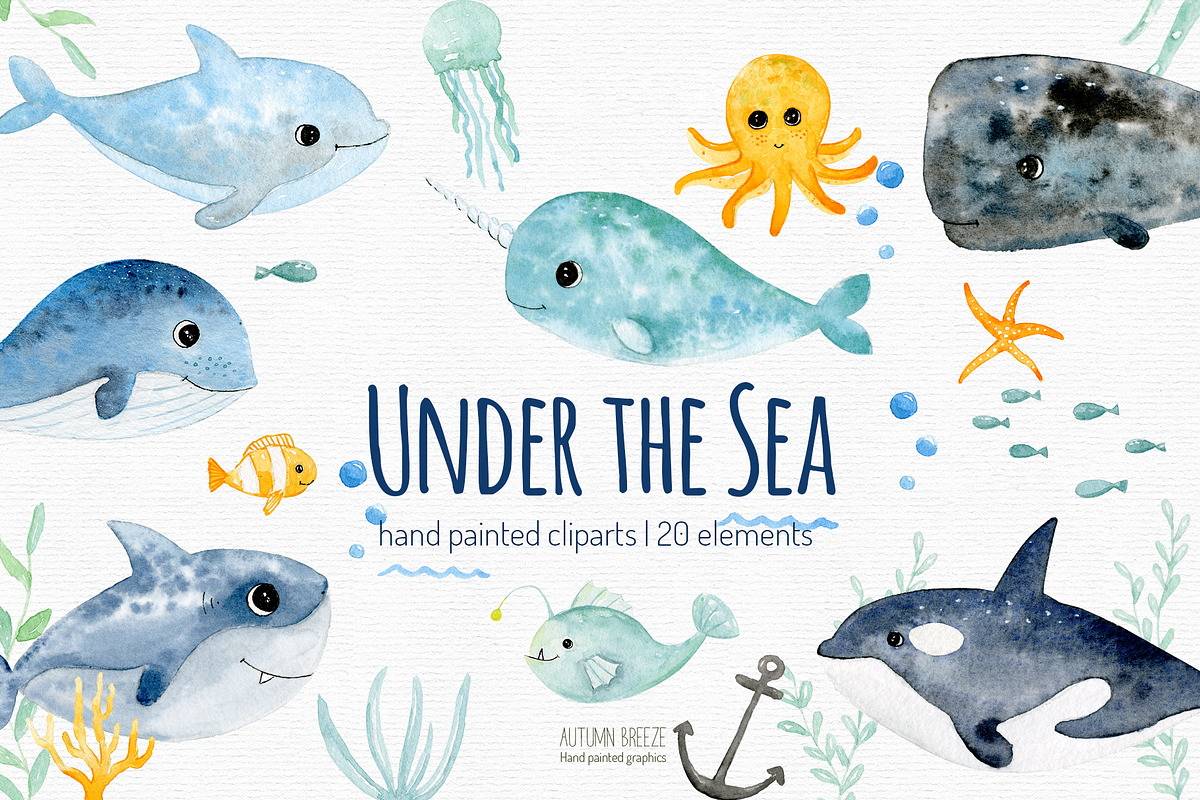 watercolor sea creatures in Illustrations - product preview 8