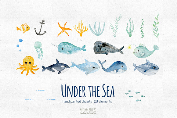 watercolor sea creatures in Illustrations - product preview 1