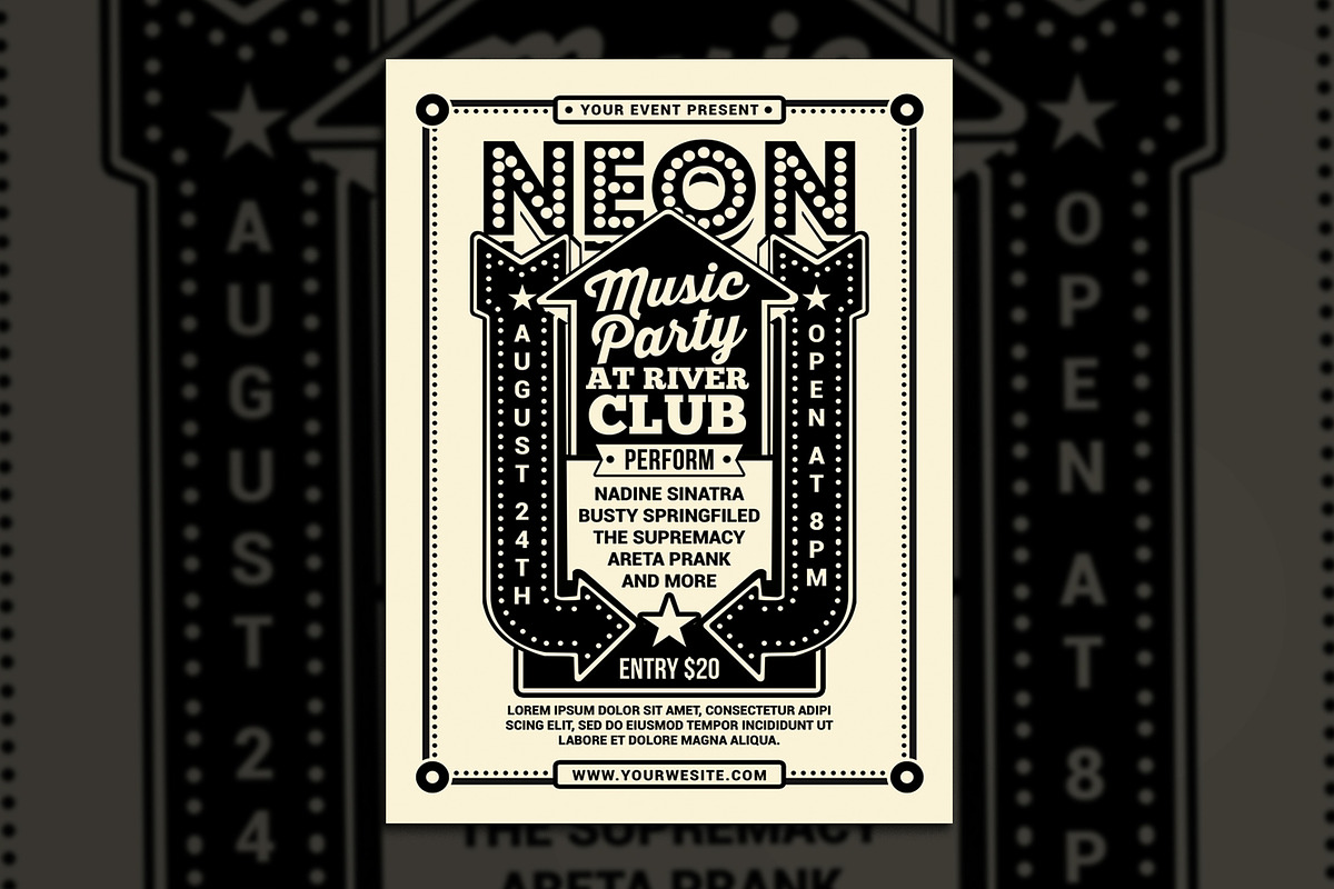 Vintage Neon Music Party in Flyer Templates - product preview 8