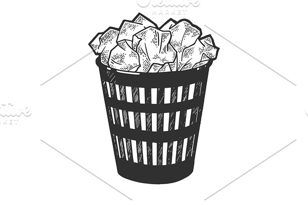 Trash can with papers sketch vector