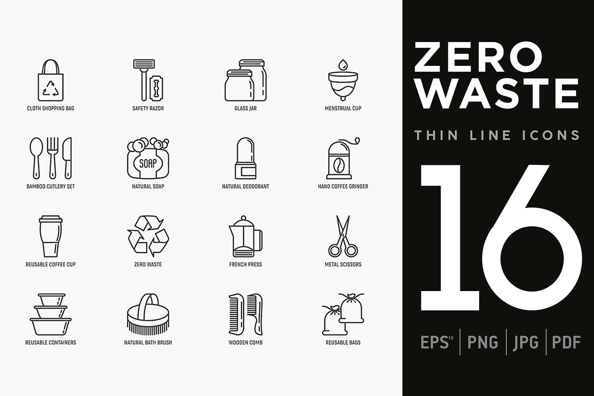 Zero Waste | 16 Thin Line Icons Set in Icons - product preview 8