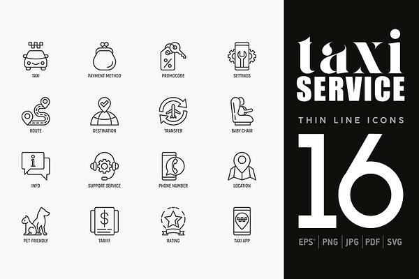 Taxi Service | 16 Thin Line Icons