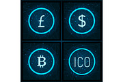 Bitcoin and Yen Ico and Dollar Icons