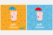 Hello autumn. Pig holding umbrella