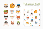 Cute animals heads set and seamless