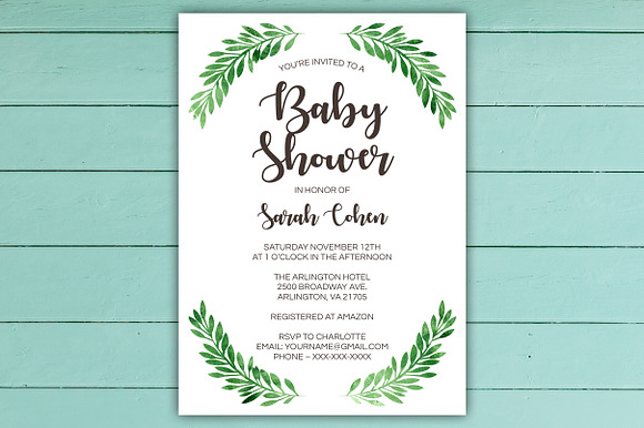 Green Leaf Baby Shower Invite Set in Invitation Templates - product preview 1