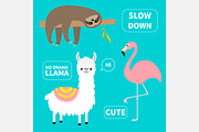 Alpaca, flamingo, sloth animal set.