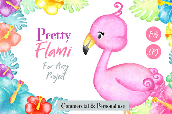 Watercolor Flamingo clip art set
