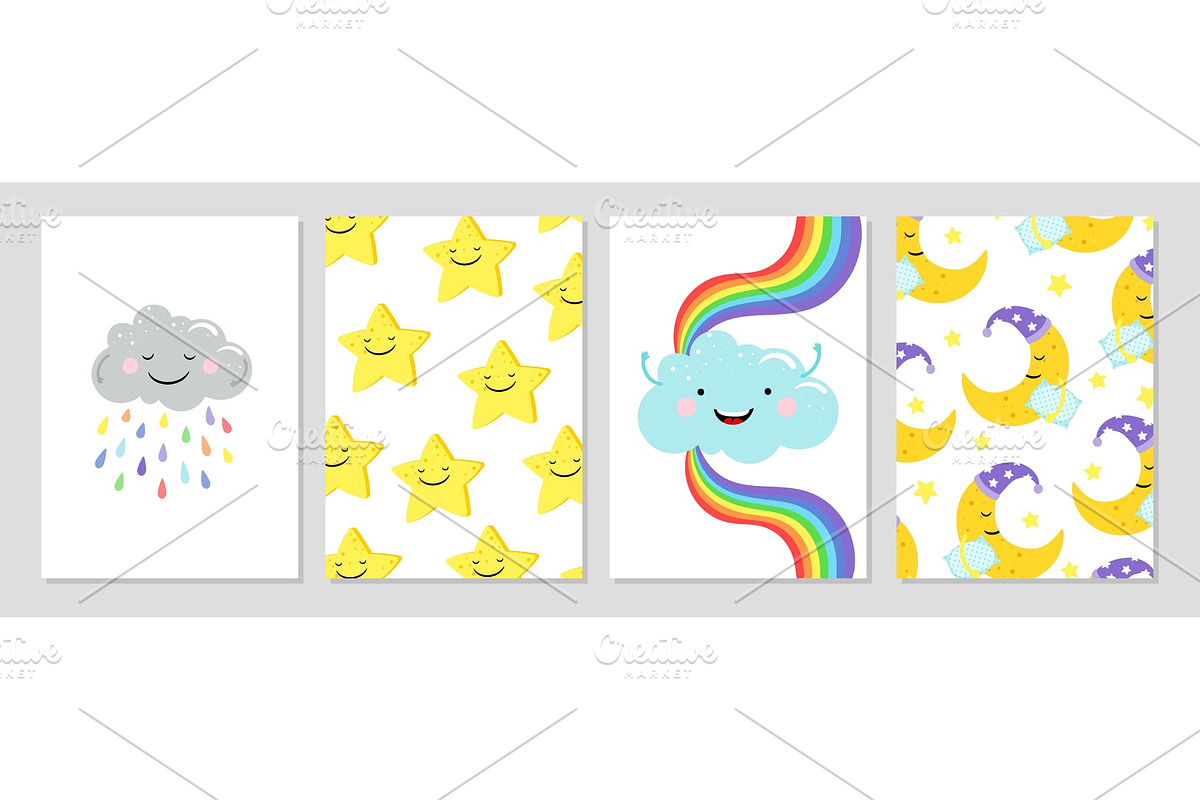 Cards with clouds, rainbow, moon in Illustrations - product preview 8
