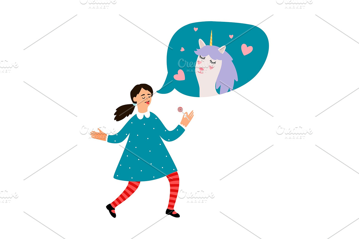 Cute girl dreams about unicorn in Illustrations - product preview 8
